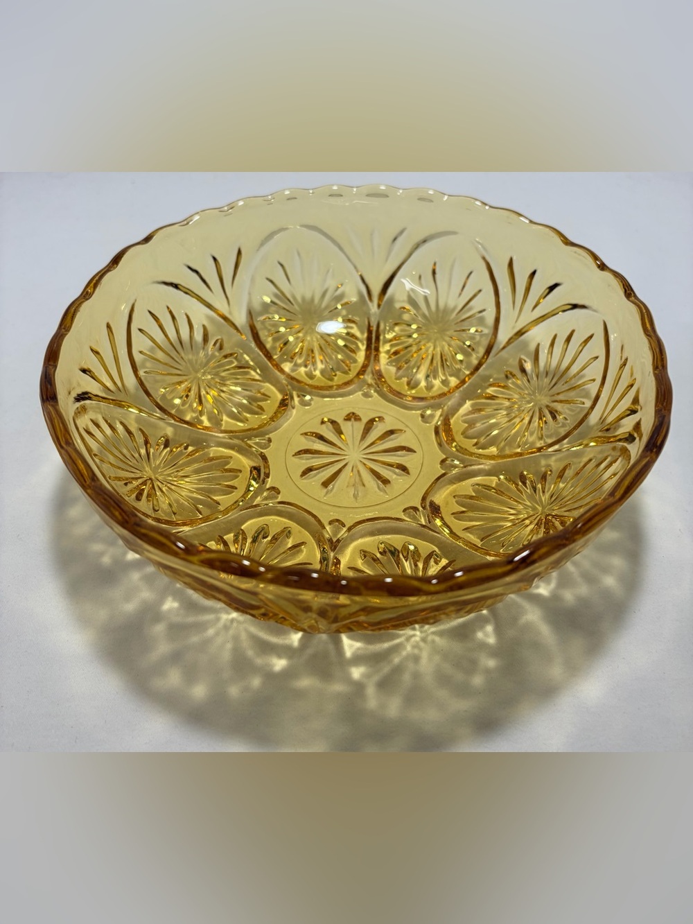 Vintage Anchor Hocking Amber Glass Starburst Bowl 8”
